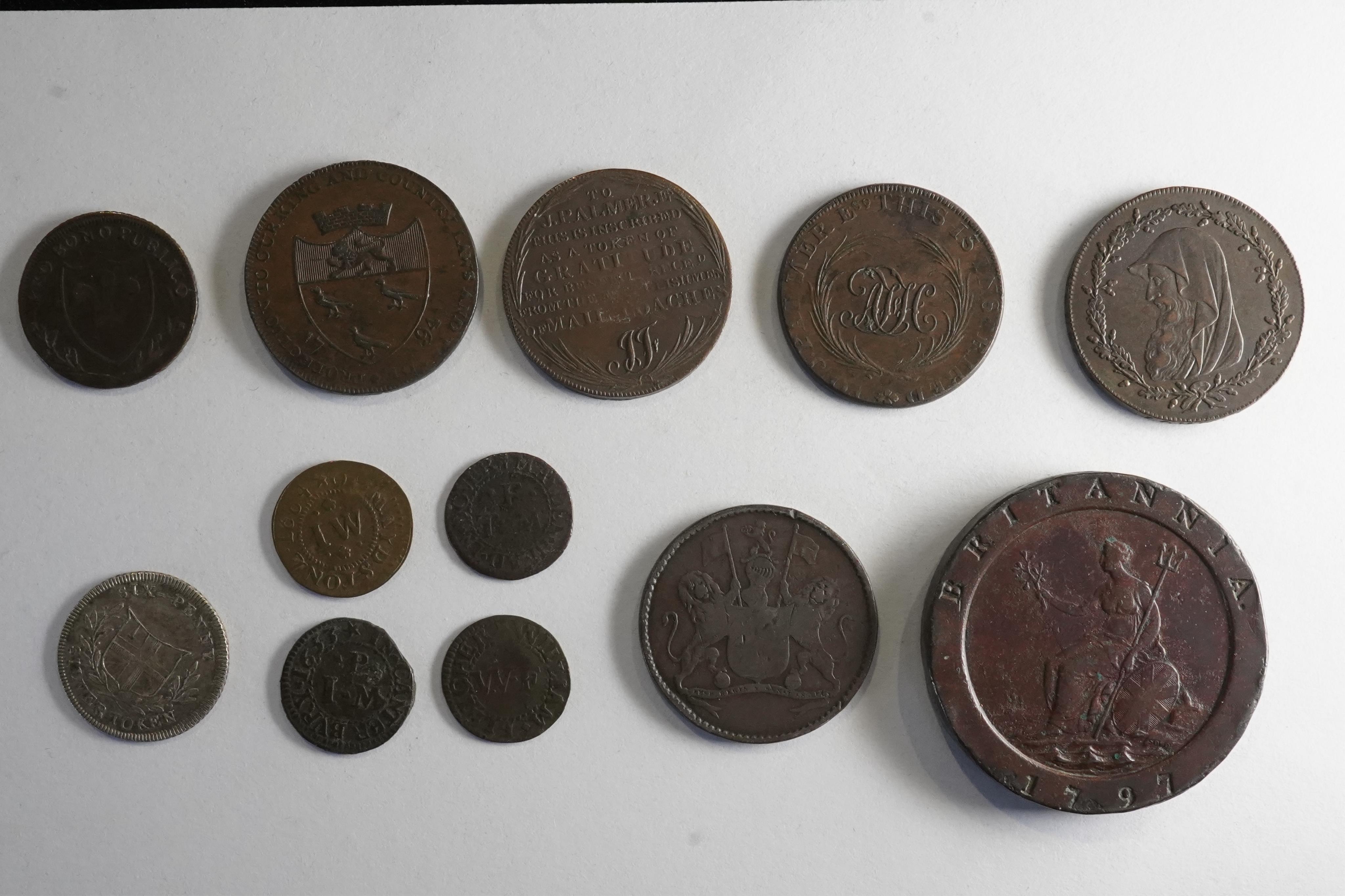 British AE coins and tokens;, South Wales Farthing, Canterbury halfpenny, 1794, dark toned EF, The Anglesey mines half penny 1788, Two mail coach halfpennies, both inscribed to J. Palmer Esquire, 1790s, both dark toned a